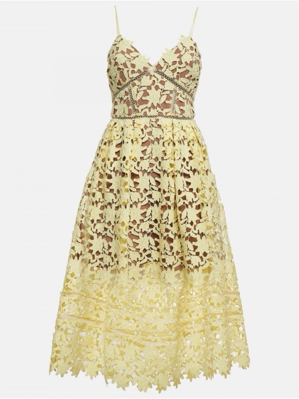 Self-Portrait Pale Yellow Lace Midi Dress with Spaghetti Straps